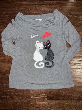 Gray Long Sleeve Top with White & Black Cat Love Graphic